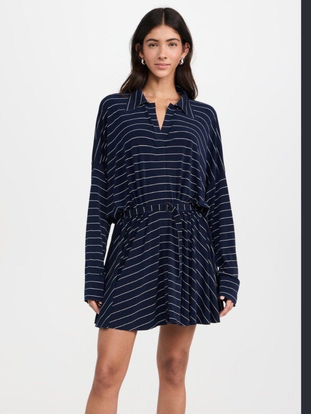 Norma Kamali Women's Blue Pinstripe Oversized Shirt Flared Mini Dress. Sz Xs
